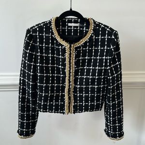 Alice + Olivia Sabina Chaij Trim Tweed embellished pearl cropped jacket